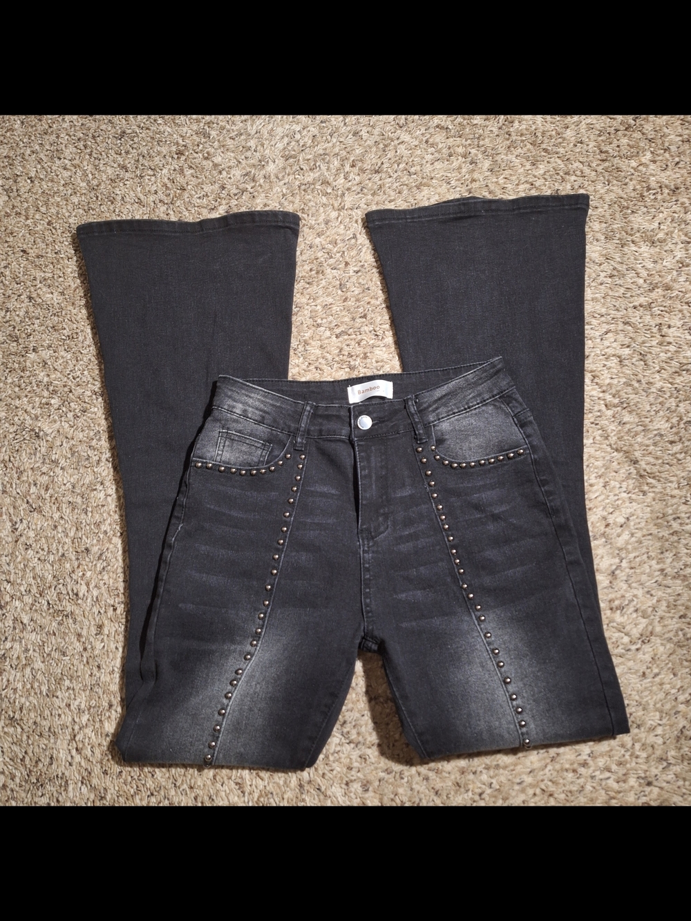 Bamboo Black Y2K Rhinestone Studded Flare Split Hem Jeans Size 7